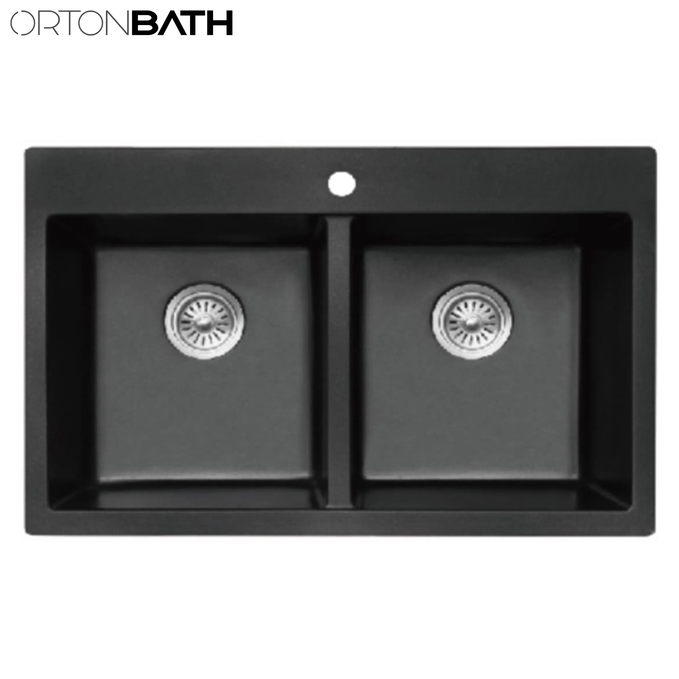 Ortonbath Two Bowl Undermount Insert Granite Sink with Overflow Hole Black Granite Composite Kitchen Sink
