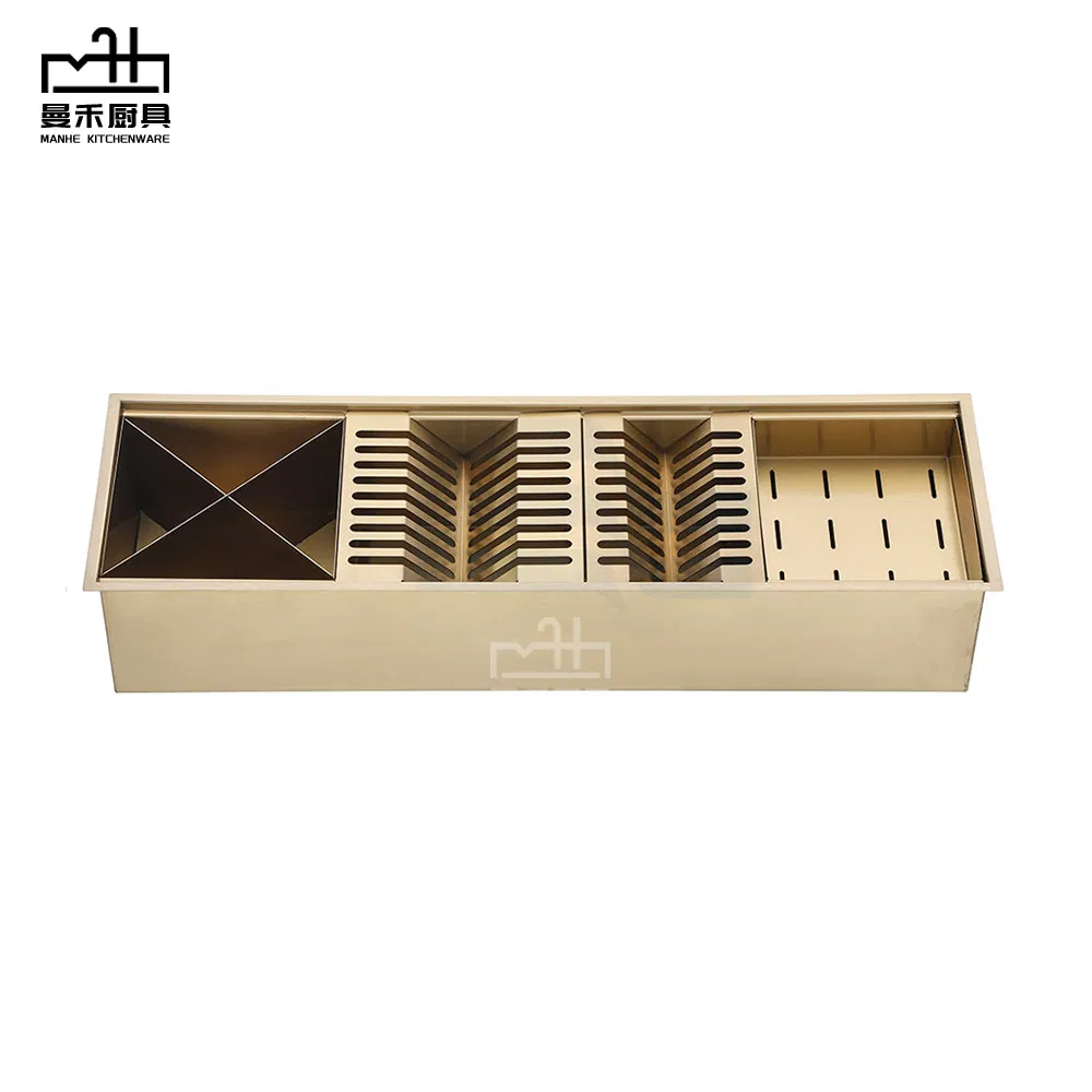 Multifunctional Gold Stainless Steel Sink Dish Drying Kitchen Channel Sink with Gold Draining Rack