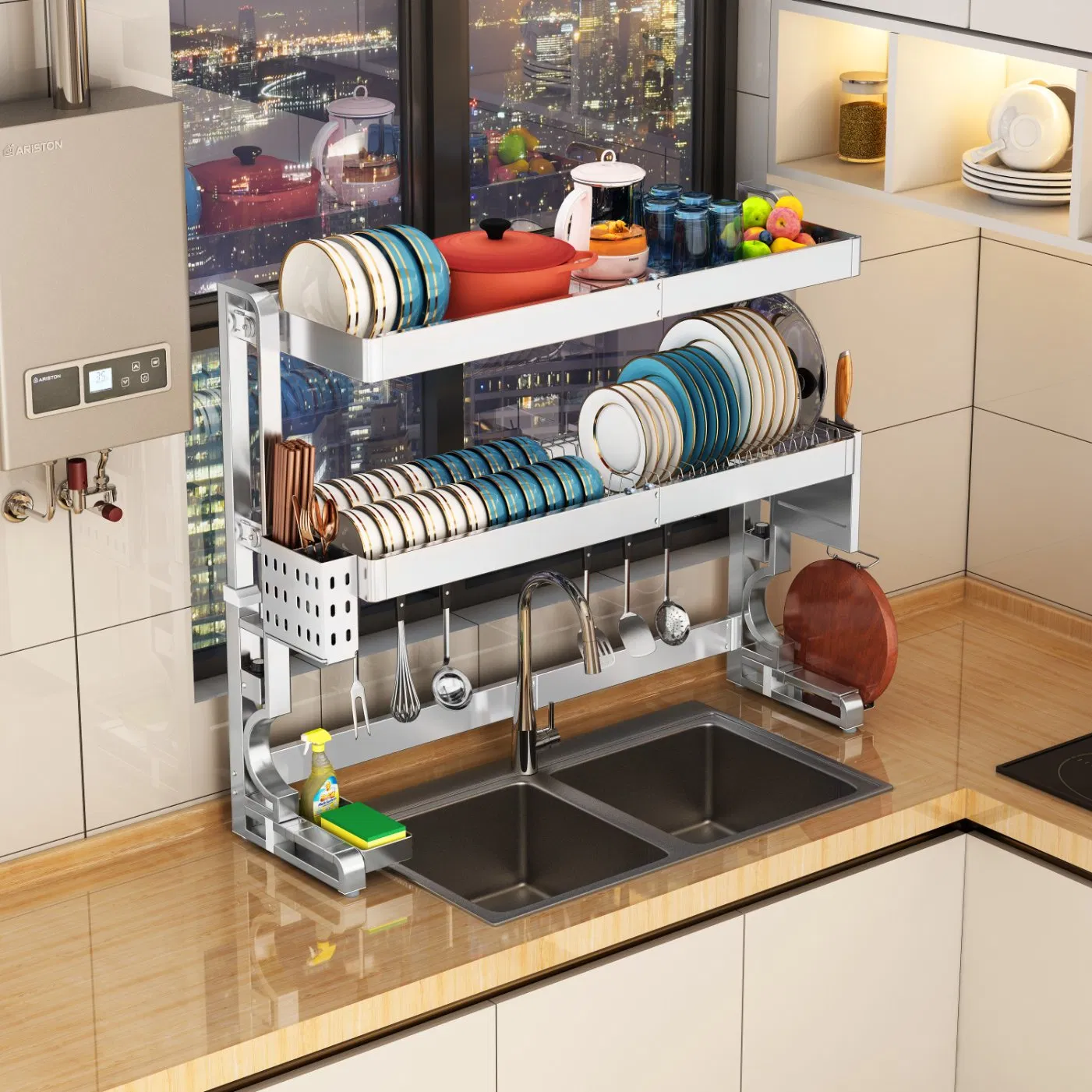 Factory Direct 304 Stainless Steel Stretchable Over-Sink Drain Storage System Kitchen Organization Dish Rack