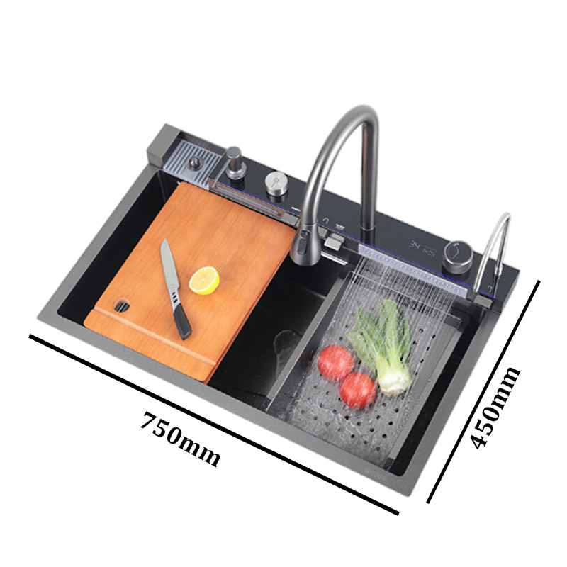 Multi Functional Handmade Stainless Steel Nano Double Bowl Waterfall Style Kitchen Sink