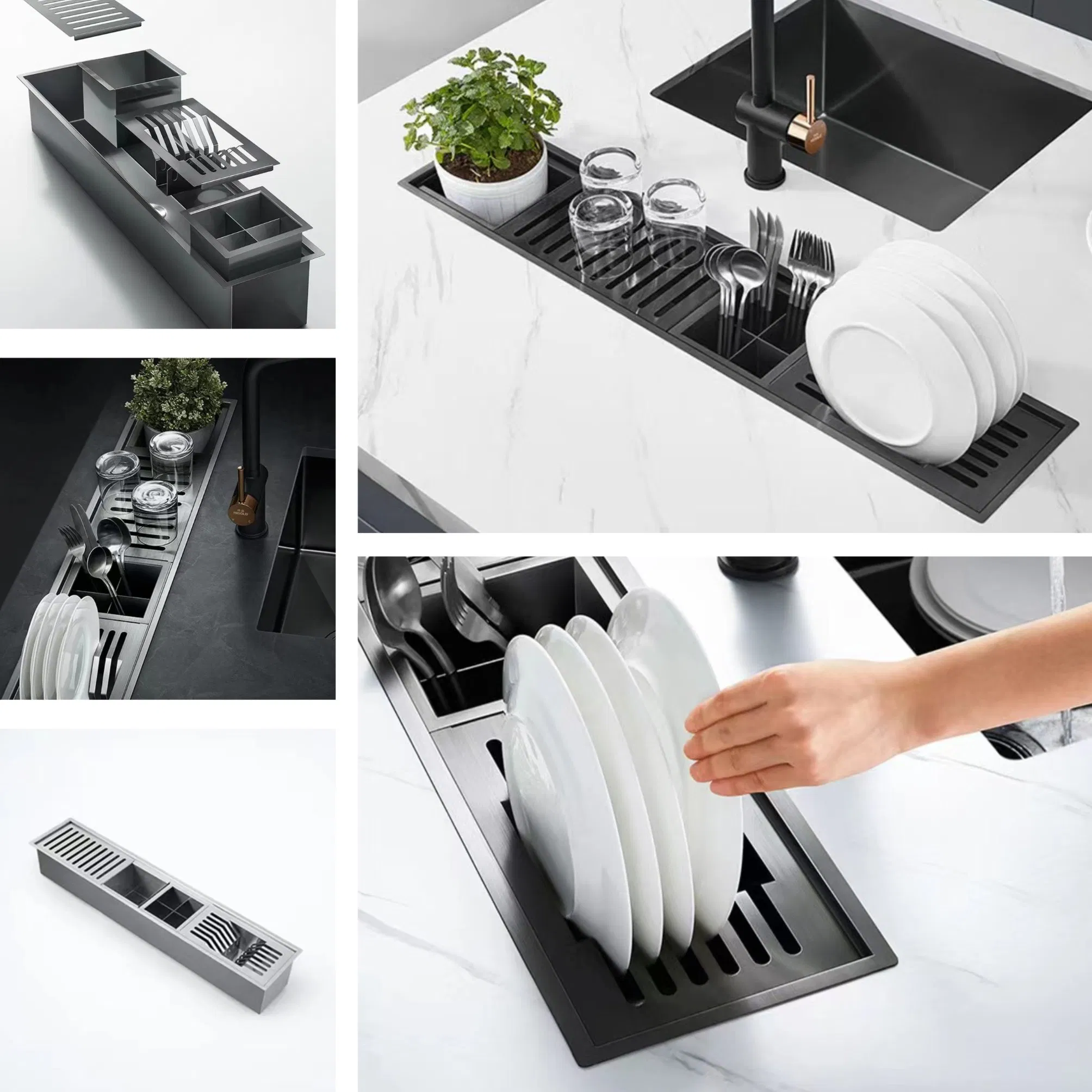 Multifunctional 304 Stainless Steel Handcrafted Sink with Draining Rack and Rectangular Drainboard