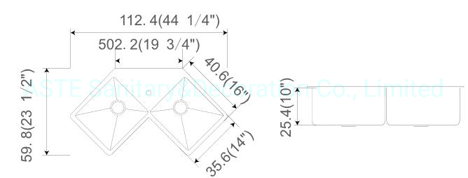 44.25× 23.5× 10/10 Inches Handmade Double Bowl Cabinet Accessories Countertop Corner Stainless Steel Kitchen Sink for Hfedc4423