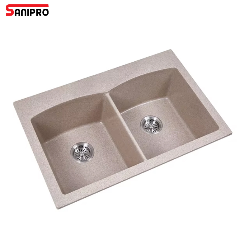 Sanipro Hot Sale Black Undermount Granite Sink Double Bowl Quartz Stone Composite Kitchen Basin Sinks with Drainer