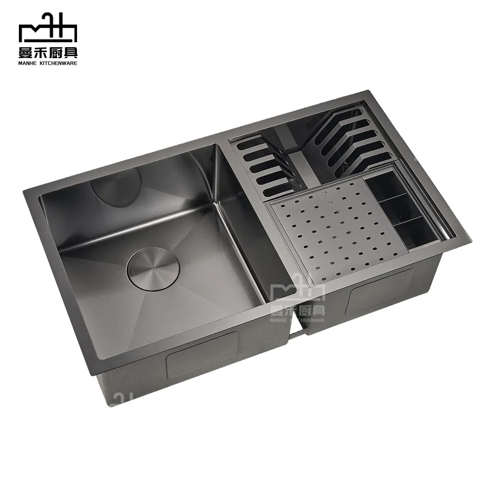 Modern Stainless Steel Black Double Bowl Kitchen Sink with Draining Rack &amp; Cutlery Holder