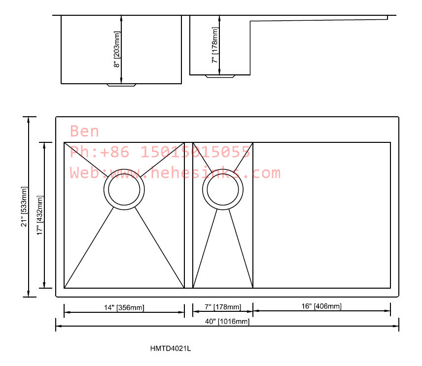 Handmade Drain Board Kitchen Sink with Zero Corner