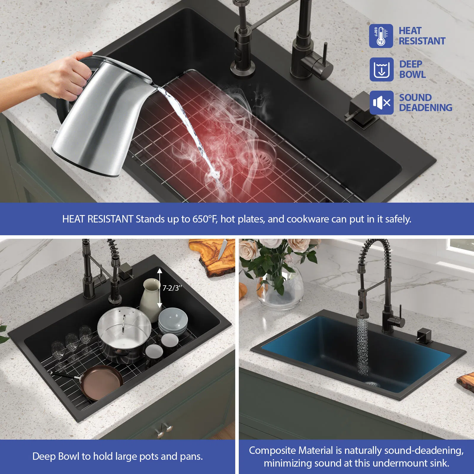 Black Kitchen Wash Bowl with Workstation Undermount Granite Composite Single Bowl Kitchen Sink Quartz Kitchen Sink Quart