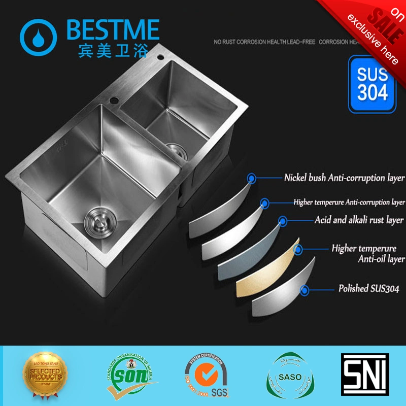 Foshan Supplier Hand-Made 304 201 Stainless Steel 7843 Kitchen Products Double Bowl Kitchen Sink (BS-310R-304)