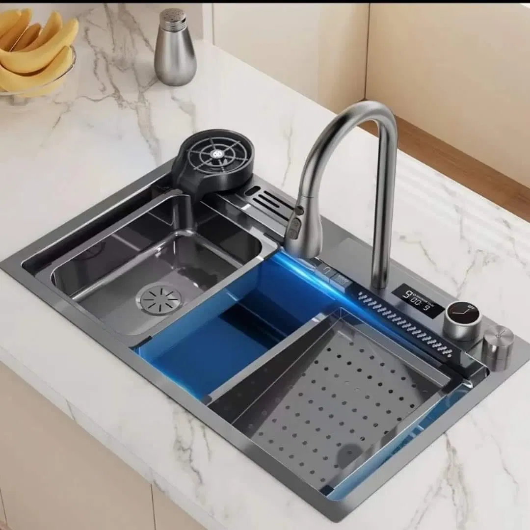 OEM ODM Customized 201/304 Bowl Undermount Stainless Steel Apron Farmhouse Handmade Smart Waterfall Multifunction Kitchen Sink