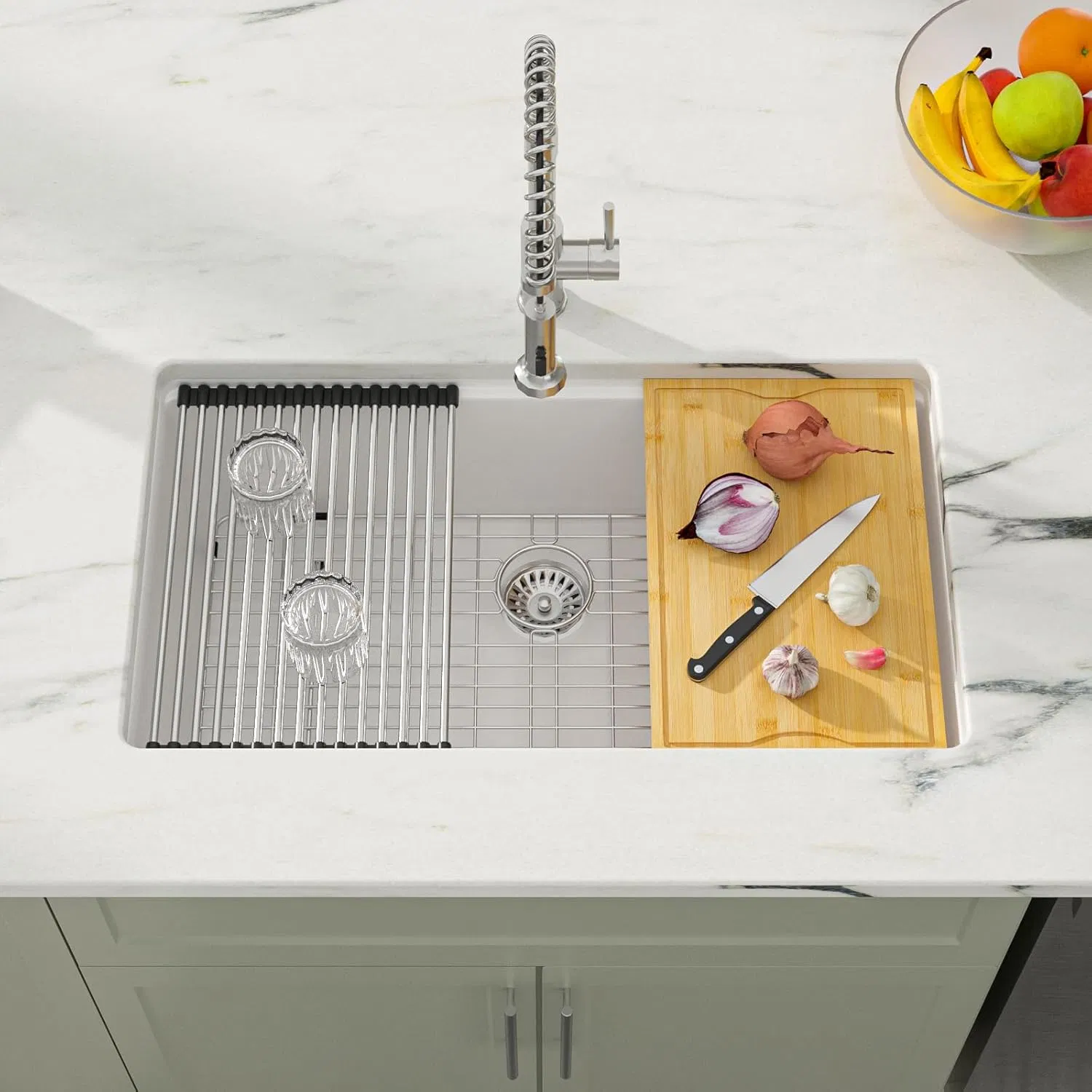 Quartz Granite Composite White Kitchen Sink Single Bowl Rounded Corners Undermount Sink Deep