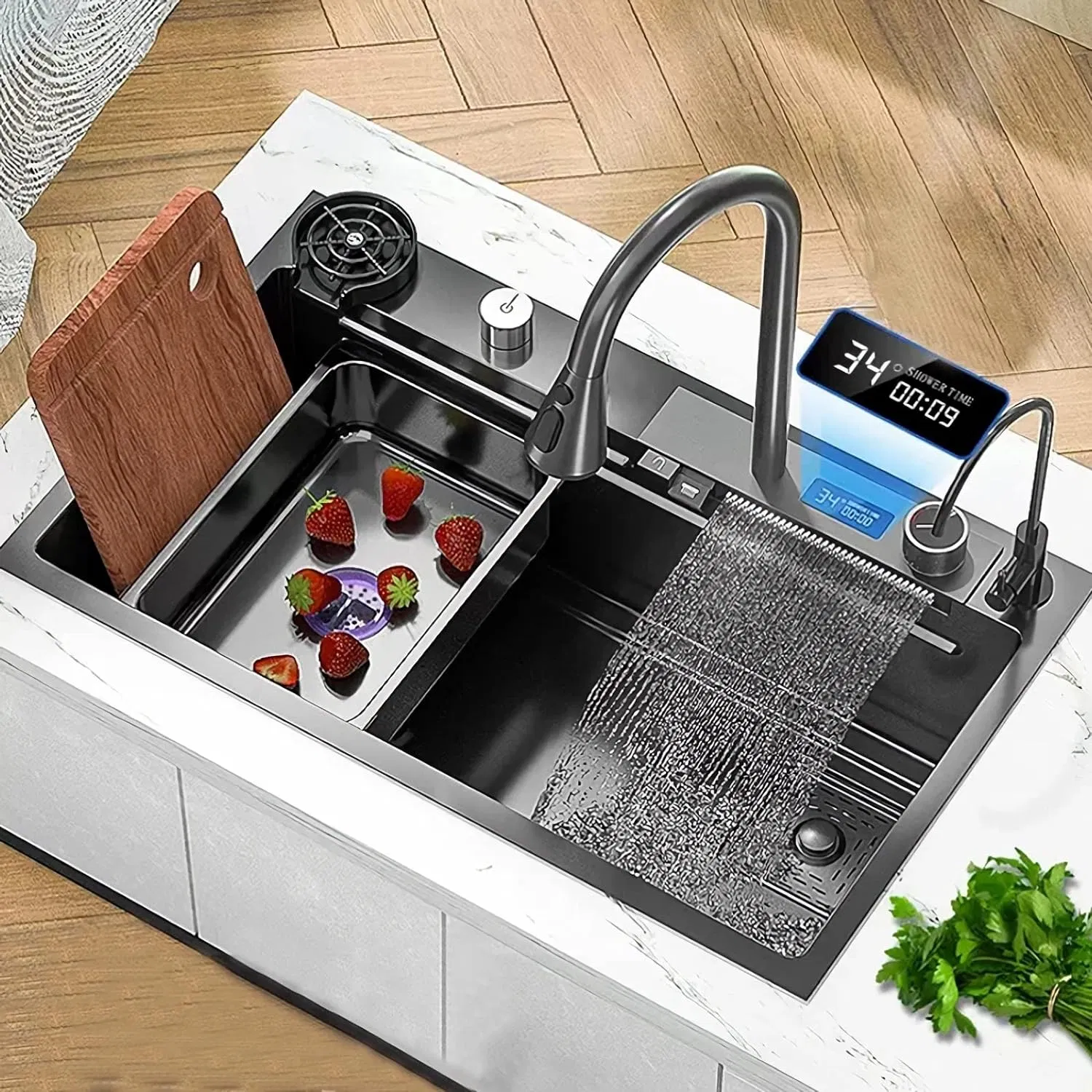 Handmade Modern Design Kitchen Stainless Steel Single Bowl Sink with Intelligent Digital Display Waterfall Faucet