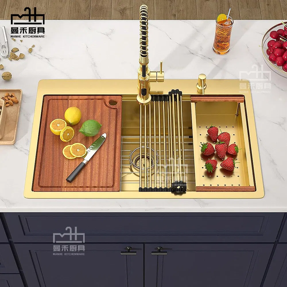 33 Inch Drop in Kitchen Sink Gold Brushed 33X22 Workstation Stainless Steel 16 Gauge Single Bowl Handmade Topmount Kitchen Sink with Cutting Board