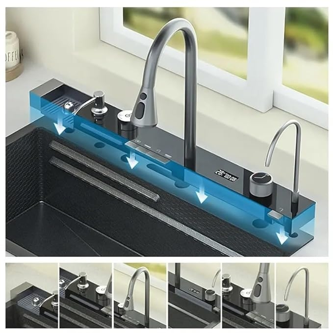 7546cm Washbasin Nano Black Piano Waterfall Multifunctional Handmade Stainless Steel Kitchen Sink