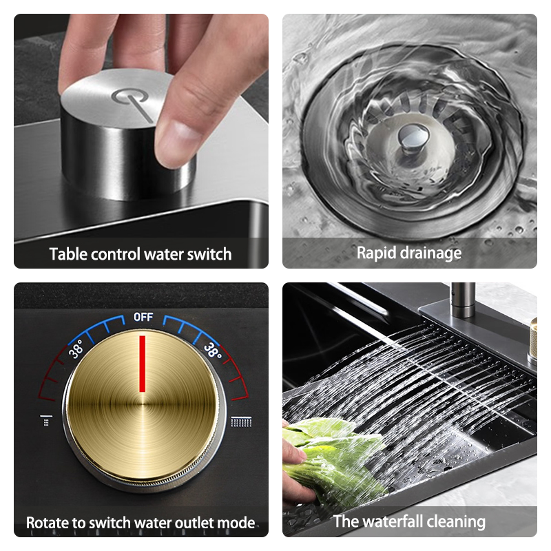 Modern Kitchen Sink 304 Stainless Steel Single Bowl Black Nano Smart Waterfall Sink Fregadero Cocina