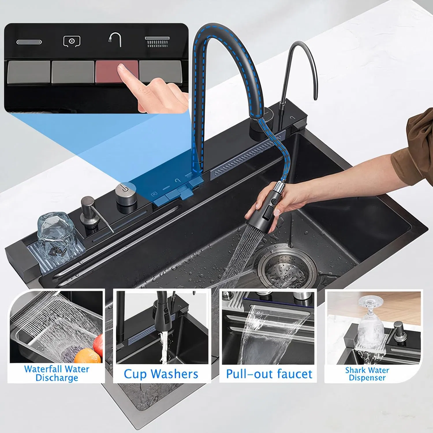 Double Waterfall Stainless Steel Kitchen Sink with Temperature Display Smart Piano Key