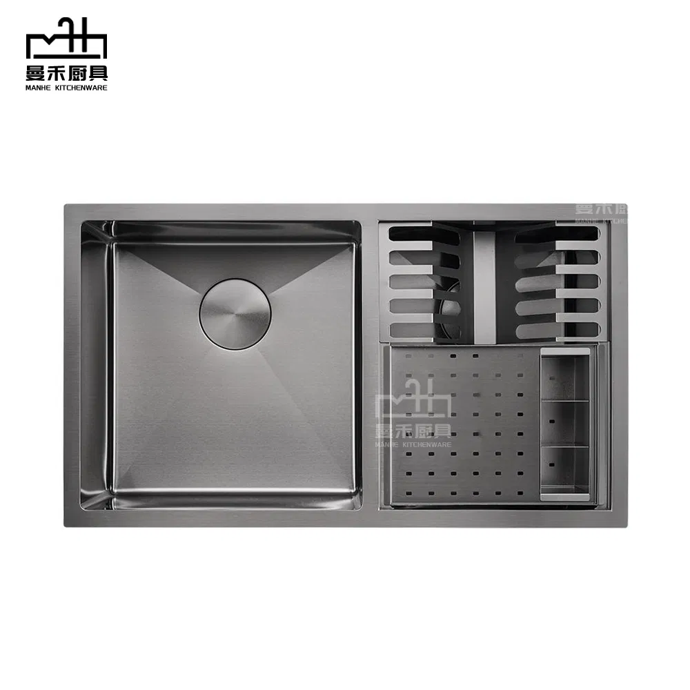 Modern Stainless Steel Black Double Bowl Kitchen Sink with Draining Rack &amp; Cutlery Holder