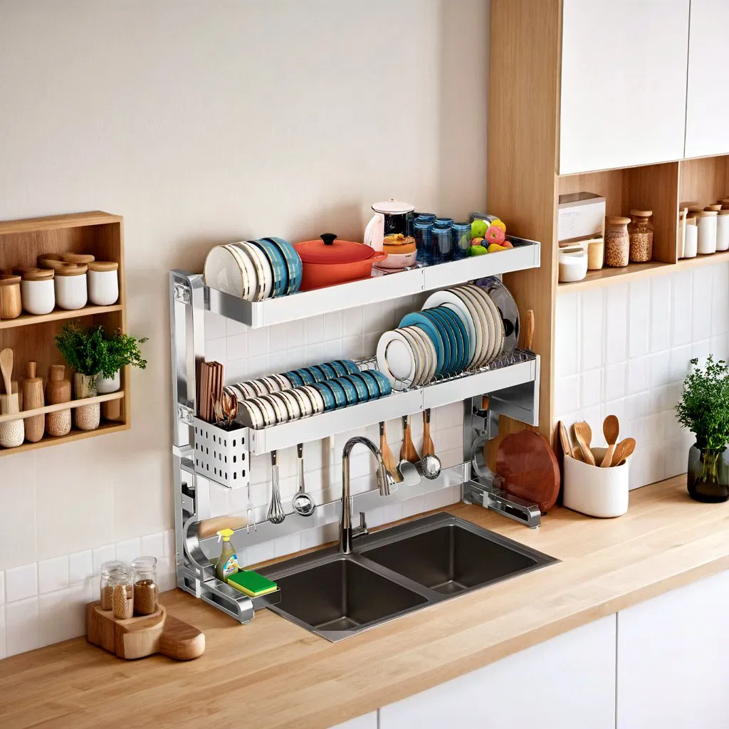 Factory Direct 304 Stainless Steel Stretchable Over-Sink Drain Storage System Kitchen Organization Dish Rack