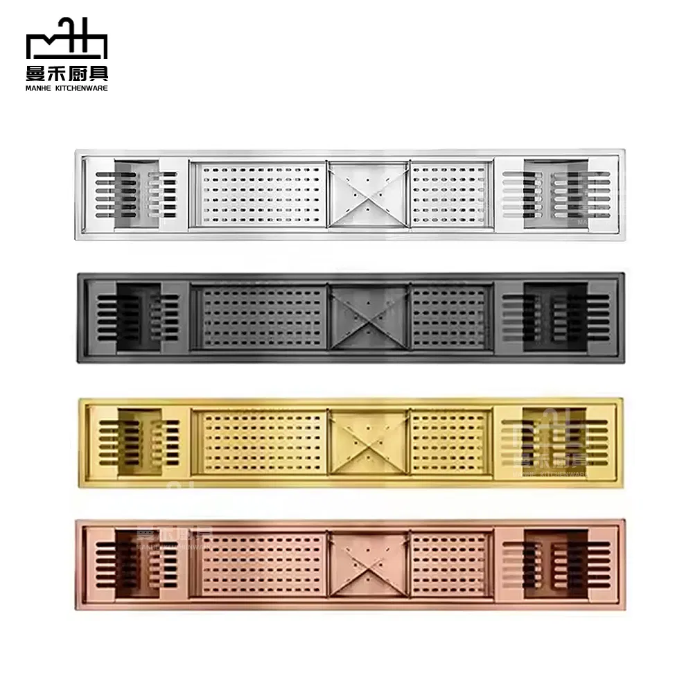 Multifunctional Gold Stainless Steel Sink Dish Drying Kitchen Channel Sink with Gold Draining Rack