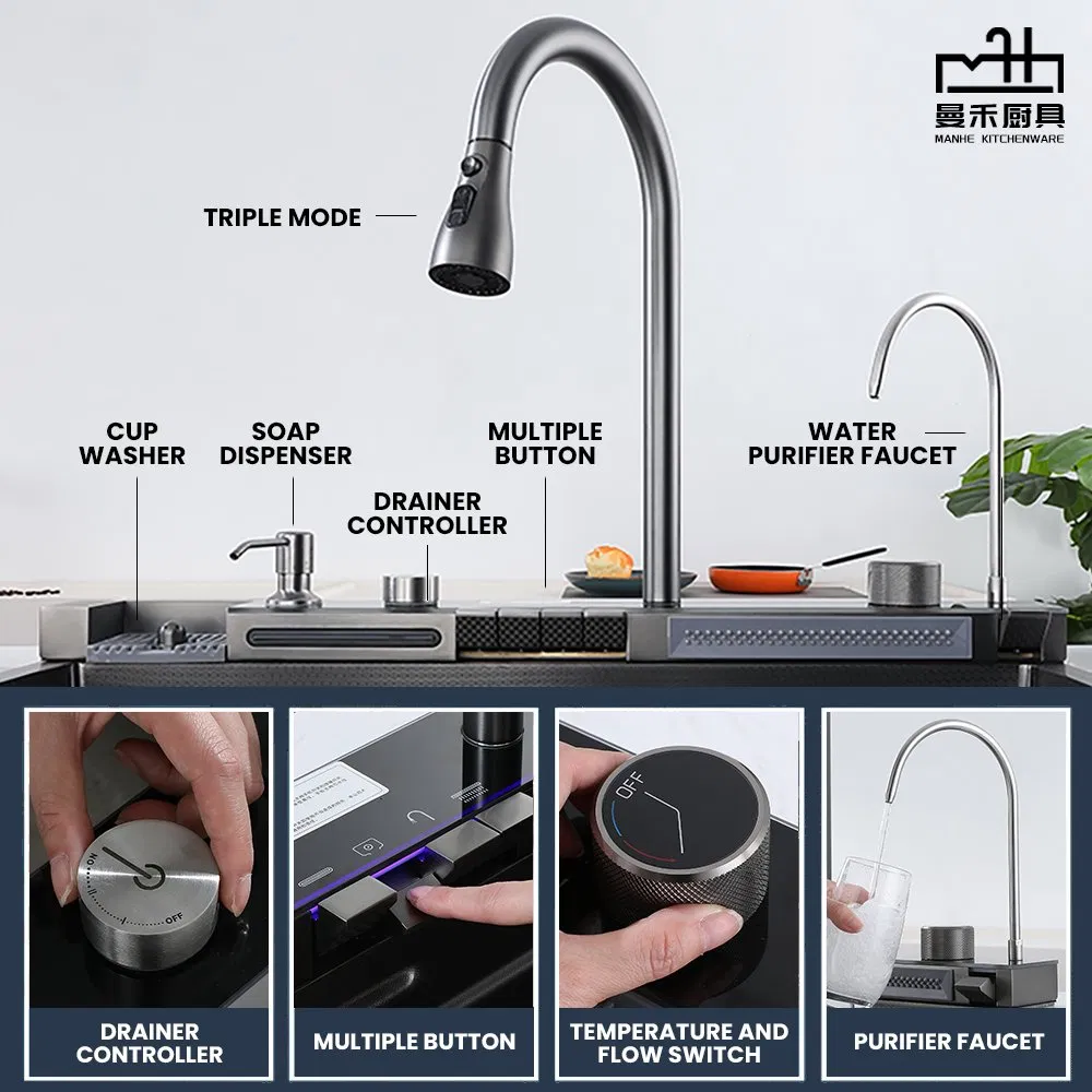 Intelligent Stainless Steel Kitchen Sink Black Smart Waterfall Sink Single Bowl