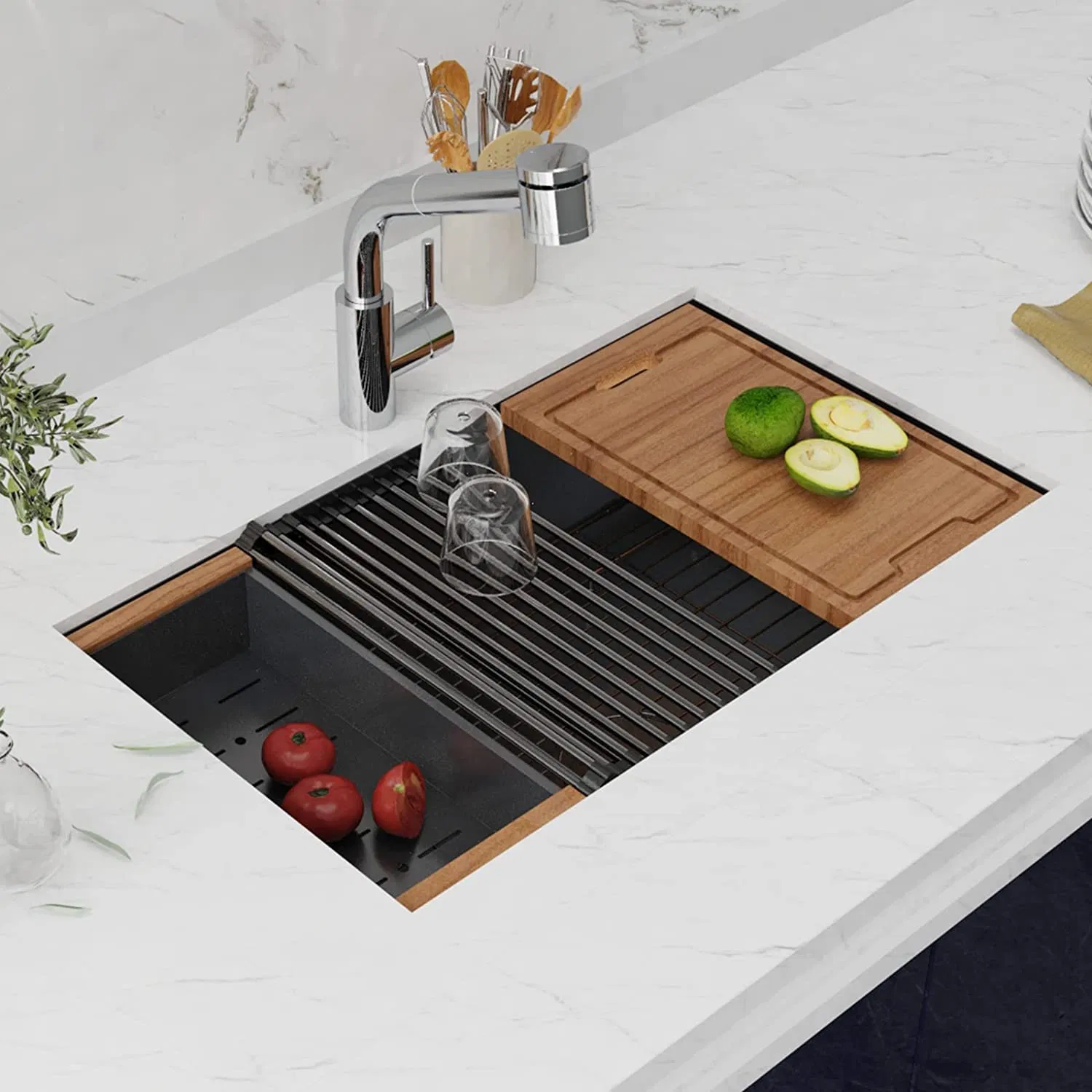 33 Inch Nano Black PVD Drop in Topmount Workstation Drainboard Farmhouse Wash Basin Single Bowl Handmade Stainless Steel Kitchen Sink