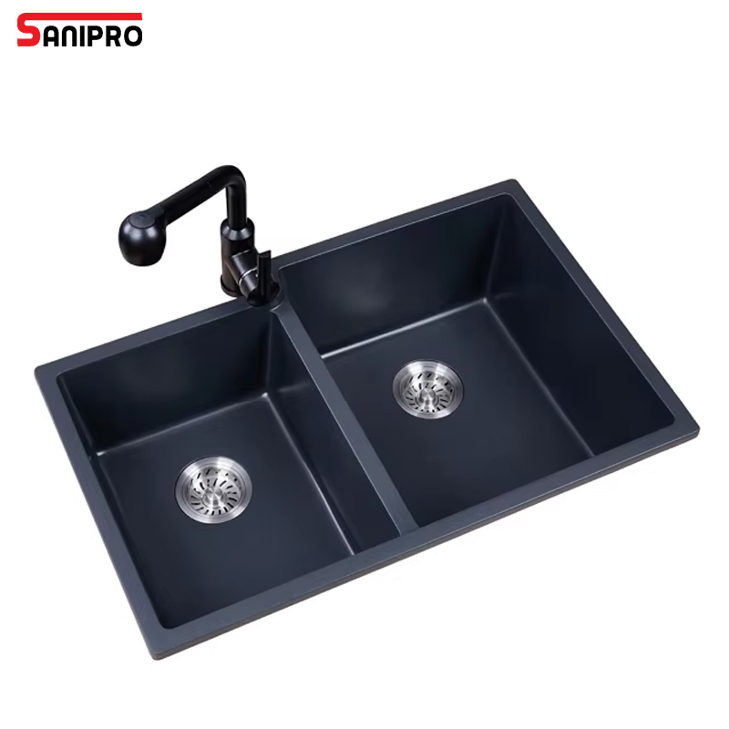 Sanipro Hot Sale Black Undermount Granite Sink Double Bowl Quartz Stone Composite Kitchen Basin Sinks with Drainer