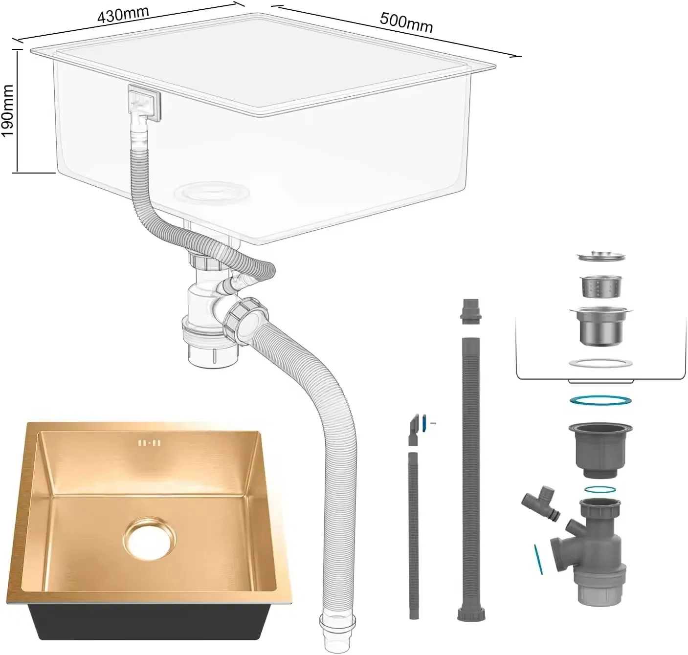 Undermount Kitchen Sink Drop in Topmount Single Bowl Outdoor Campervan Sink with Drainer Fittings Gold