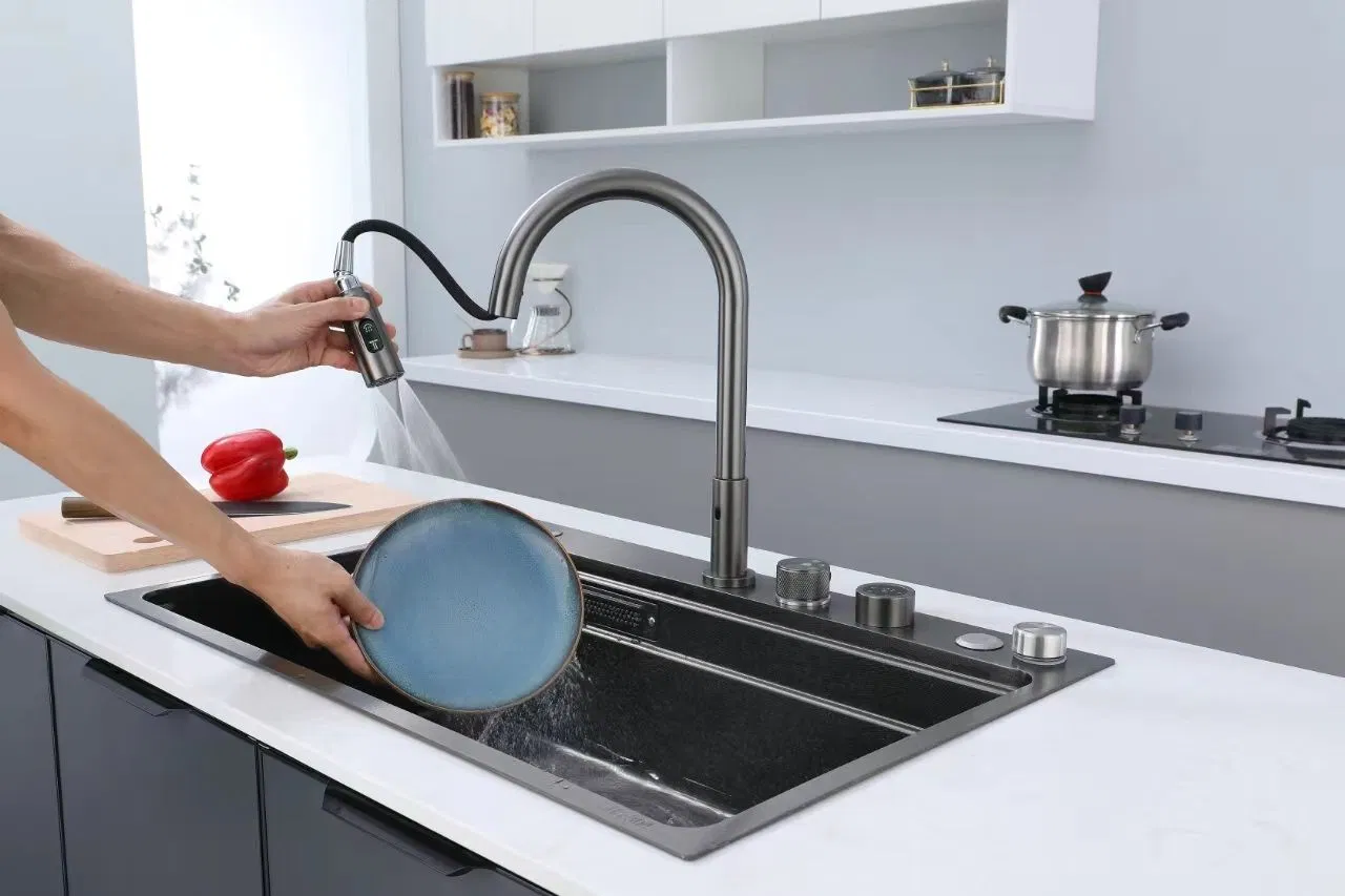 High Quality Topmount Black Stainless Steel 201/304 Drop in Waterfall Kitchen Sink Multifunction Smart Honeycomb Single Bowl