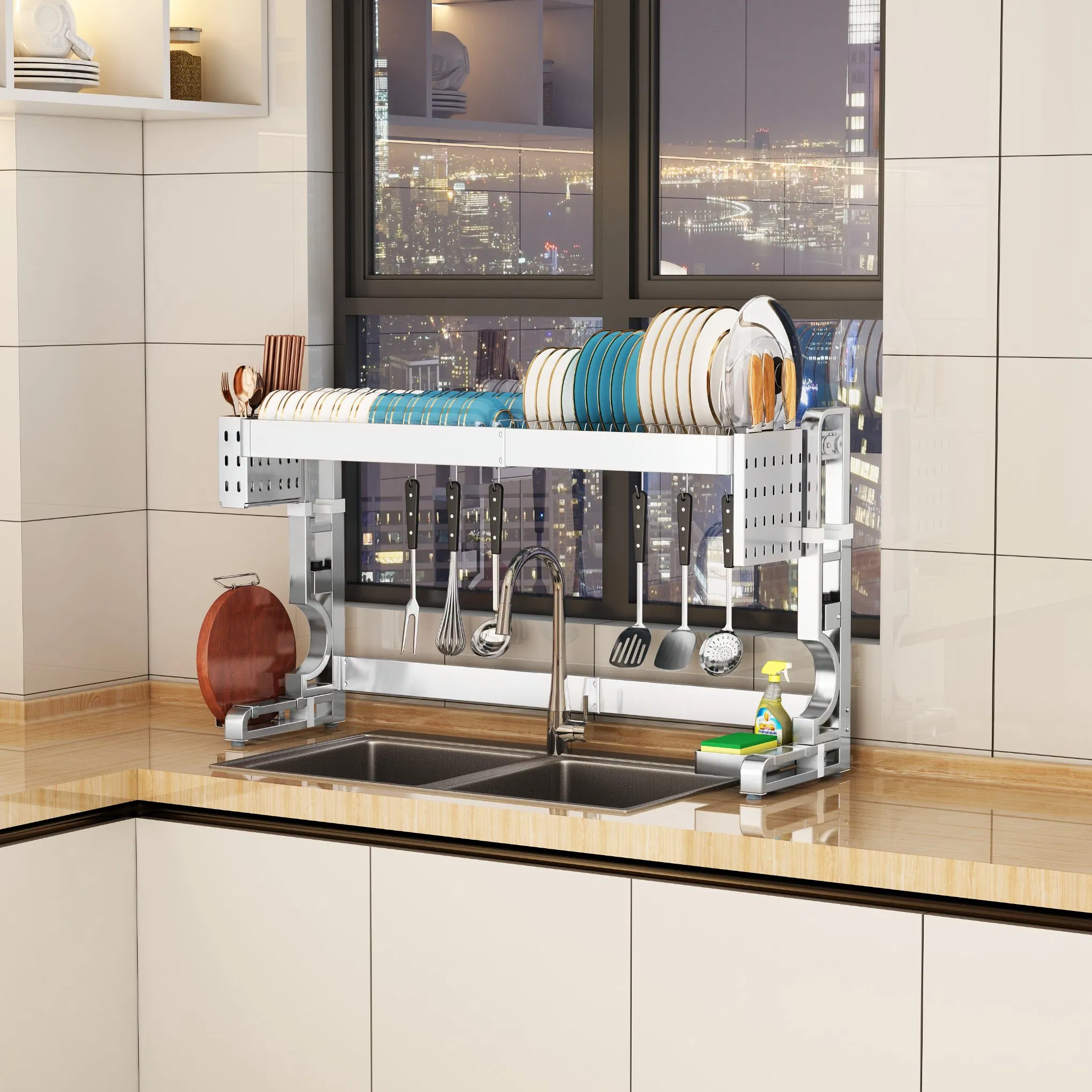 Factory Direct 304 Stainless Steel Stretchable Over-Sink Drain Storage System Kitchen Organization Dish Rack