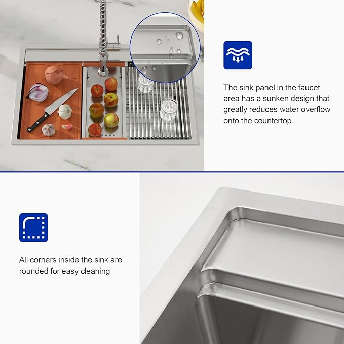 Drop in Kitchen Sink Splash Guard Stainless Steel Topmount Workstation Sinks