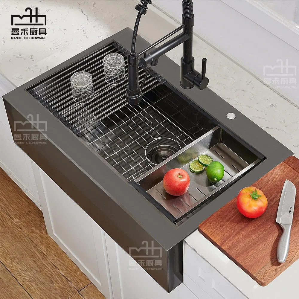 Black Drop in 304 Stainless Steel Farmhouse Flat Apron Front Workstation Sink Countertop Fregaderos De Cocina