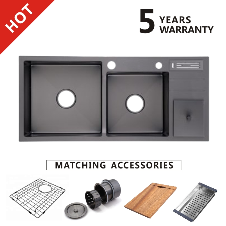 2025 Modern SUS304 Square Kitchenware Handmade 32 Inch Black Stainless Steel Single Double Bowl Black Kitchen Sink Price