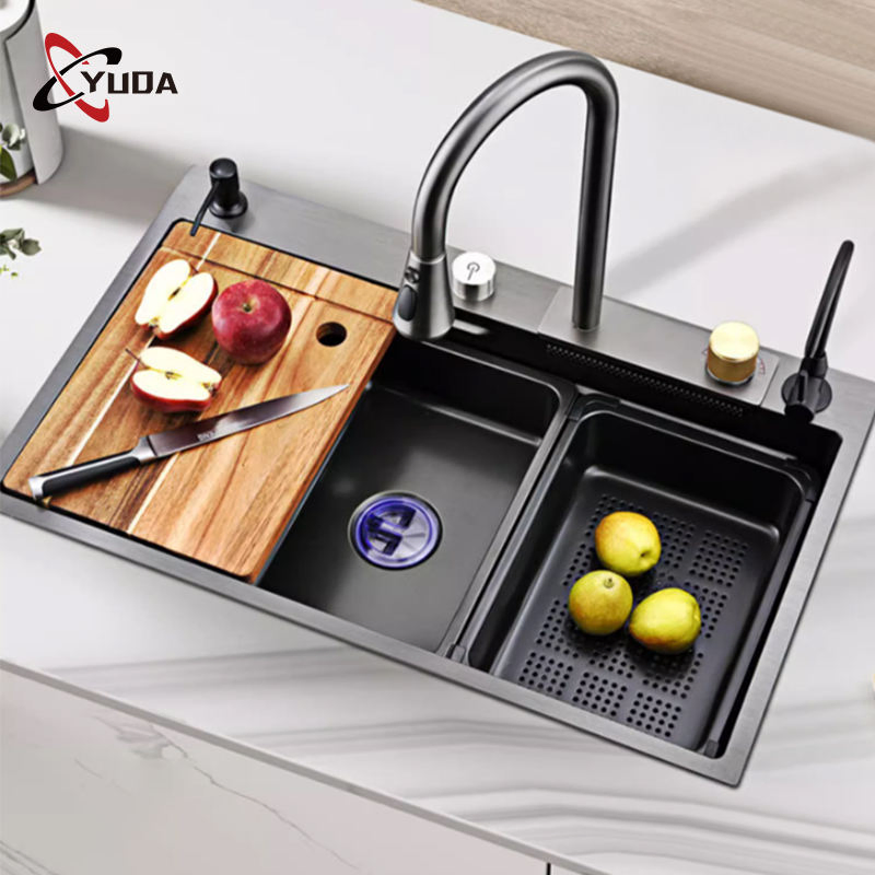 Commercial Multifunctional Black Nano 201/304 Waterfall Smart Stainless Steel Kitchen Sink Fregadero De La Cocina