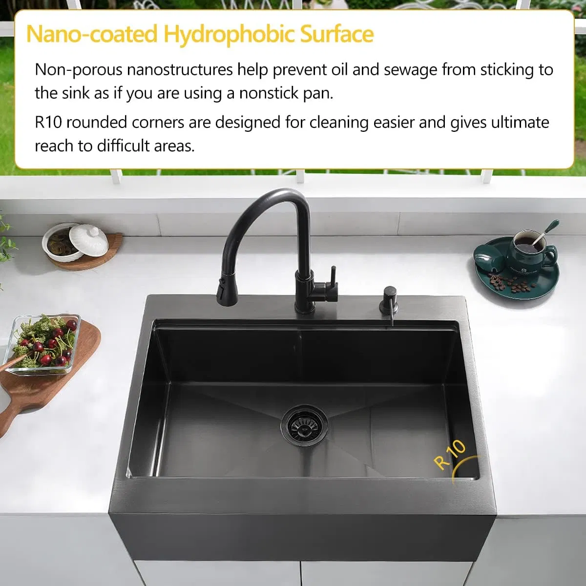 Black Stainless Steel Embedded Kitchen Farmhouse Sink with Front Apron