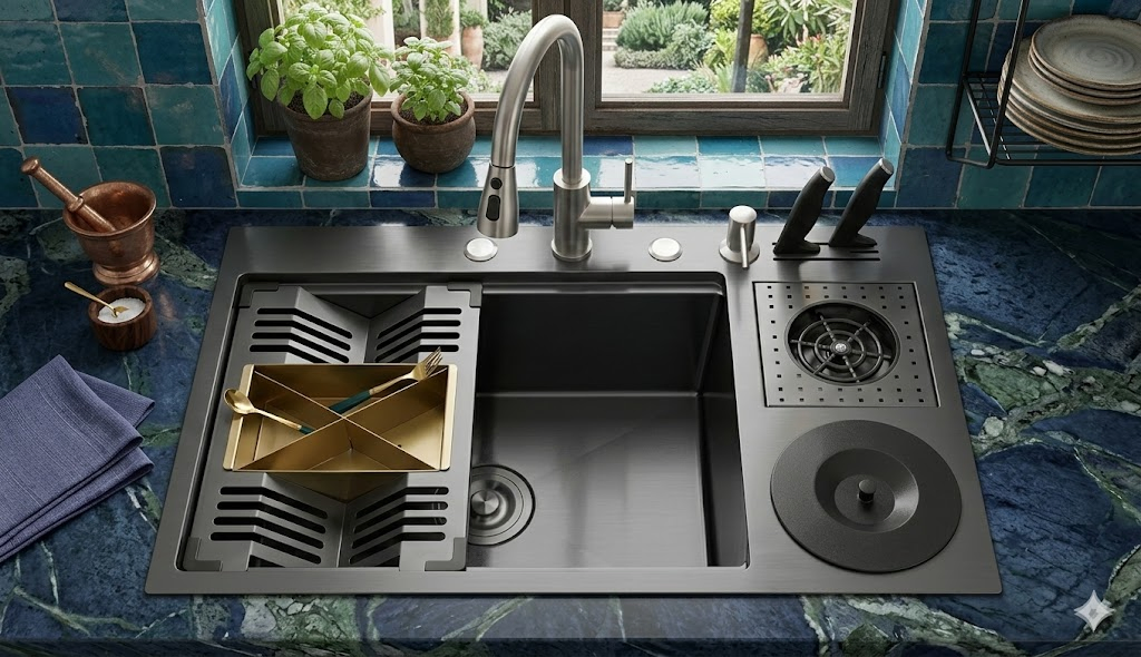 Full Set with Waste Bin, Draining Rack, Cup Washer &amp; Knife Organizer Smart Kitchen Workstation Stainless Steel Kitchen Sink Hmfs8049