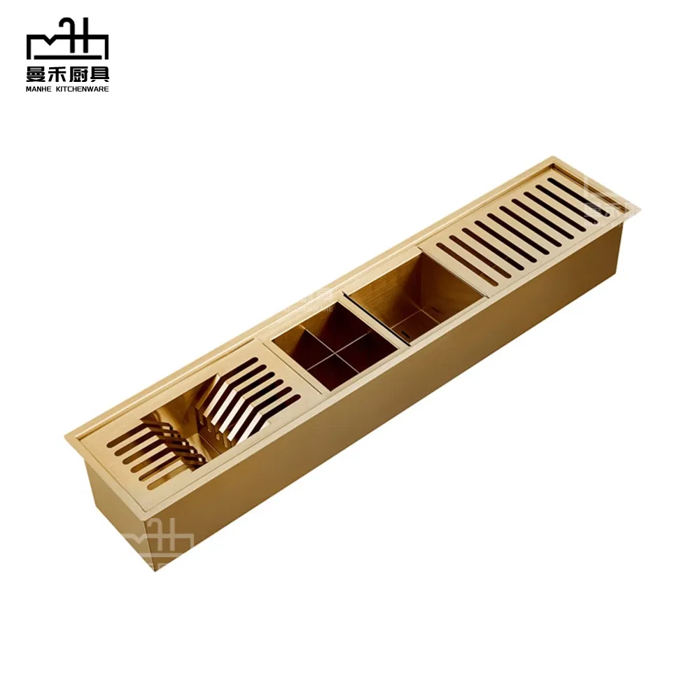 Multifunctional Gold Stainless Steel Sink Dish Drying Kitchen Channel Sink with Gold Draining Rack