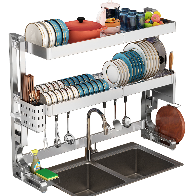 Factory Direct 304 Stainless Steel Stretchable Over-Sink Drain Storage System Kitchen Organization Dish Rack