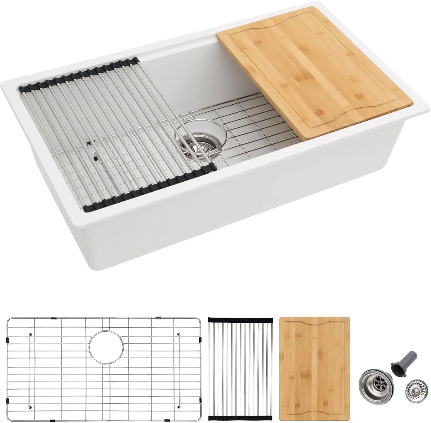 Quartz Granite Composite White Kitchen Sink Single Bowl Rounded Corners Undermount Sink Deep