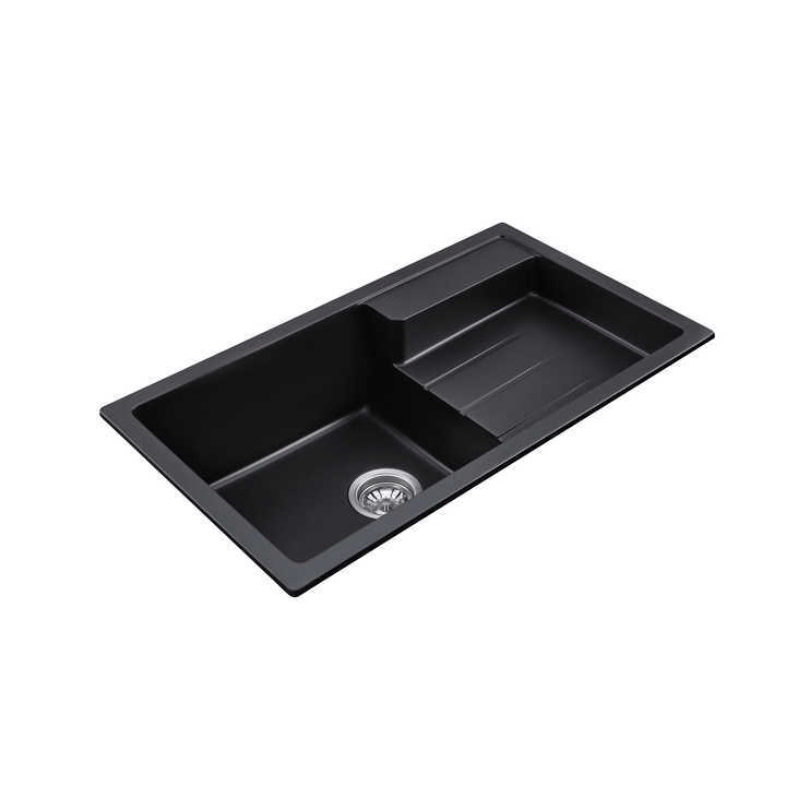 Black Granite Quartz Kitchen Sink with Cutting Board &amp; Drain Rack, Undermount Multi-Functional Bowl