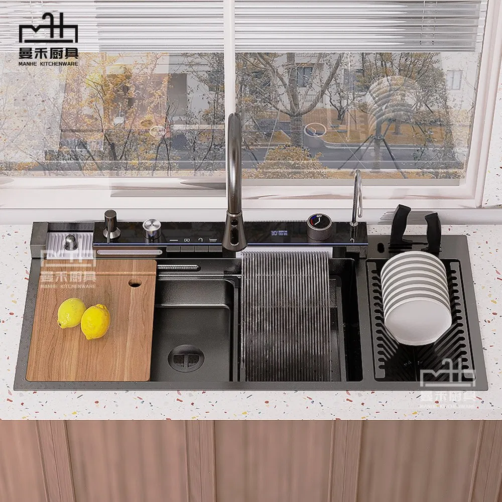 Smart Multifunctional Waterfall Sink Flying Rain Stainless Steel Sink with Dish Draining Rack 10046