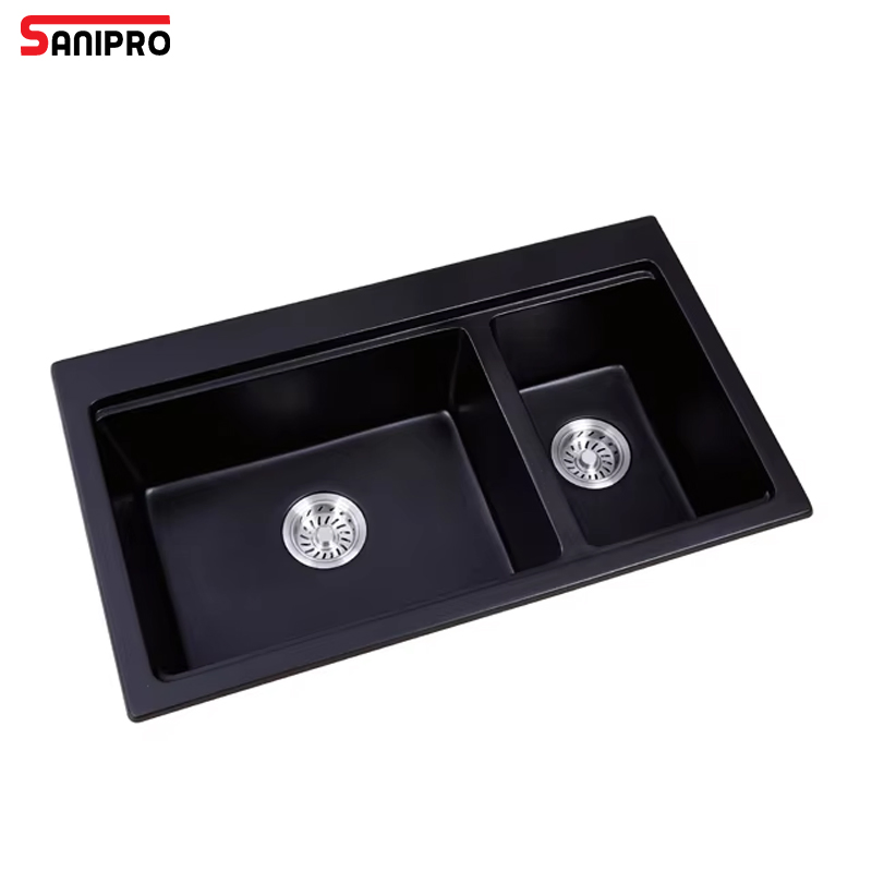 Sanipro Hot Sale Black Undermount Granite Sink Double Bowl Quartz Stone Composite Kitchen Basin Sinks with Drainer