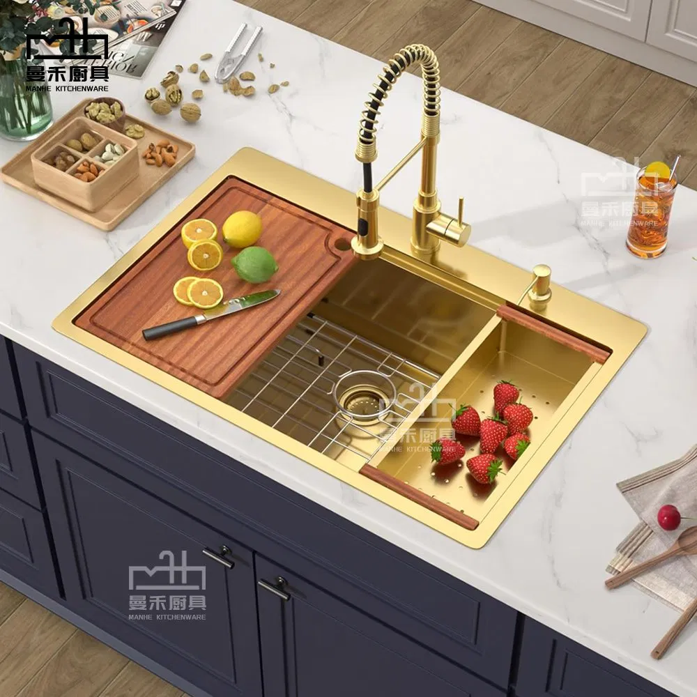 33 Inch Drop in Kitchen Sink Gold Brushed 33X22 Workstation Stainless Steel 16 Gauge Single Bowl Handmade Topmount Kitchen Sink with Cutting Board