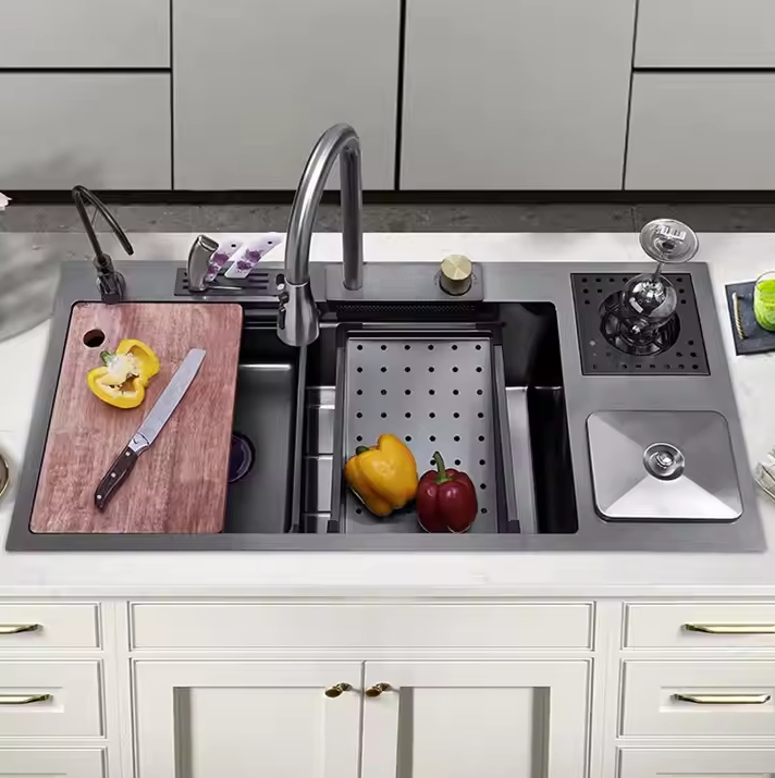 Flying Rain Waterfall Sink: Dual Basins + Retractable Cutting Board