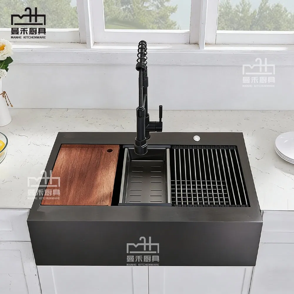 Black Drop in 304 Stainless Steel Farmhouse Flat Apron Front Workstation Sink Countertop Fregaderos De Cocina