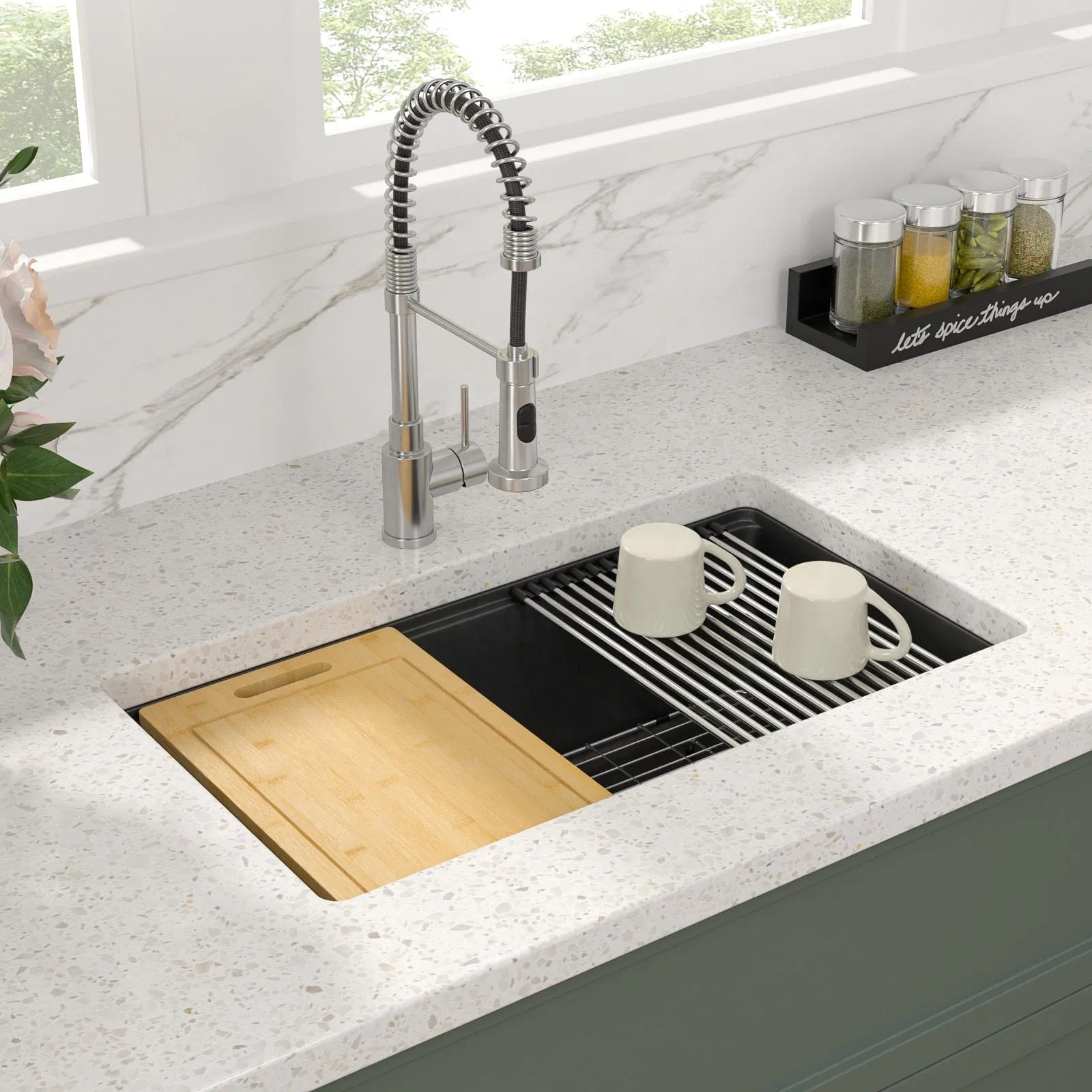 Black Kitchen Wash Bowl with Workstation Undermount Granite Composite Single Bowl Kitchen Sink Quartz Kitchen Sink Quart