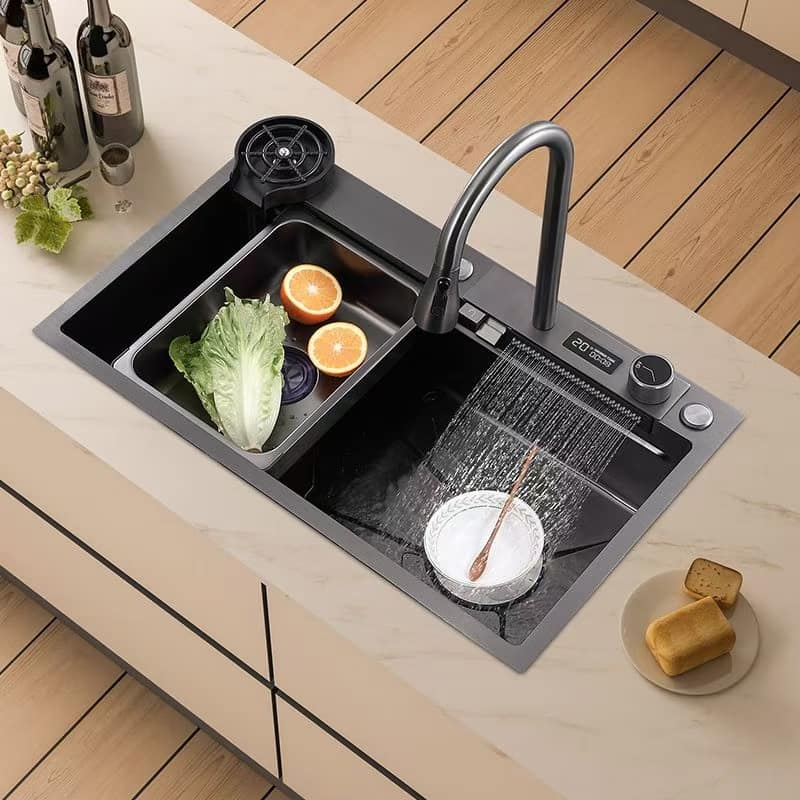 OEM ODM Customized 201/304 Bowl Undermount Stainless Steel Apron Farmhouse Handmade Smart Waterfall Multifunction Kitchen Sink
