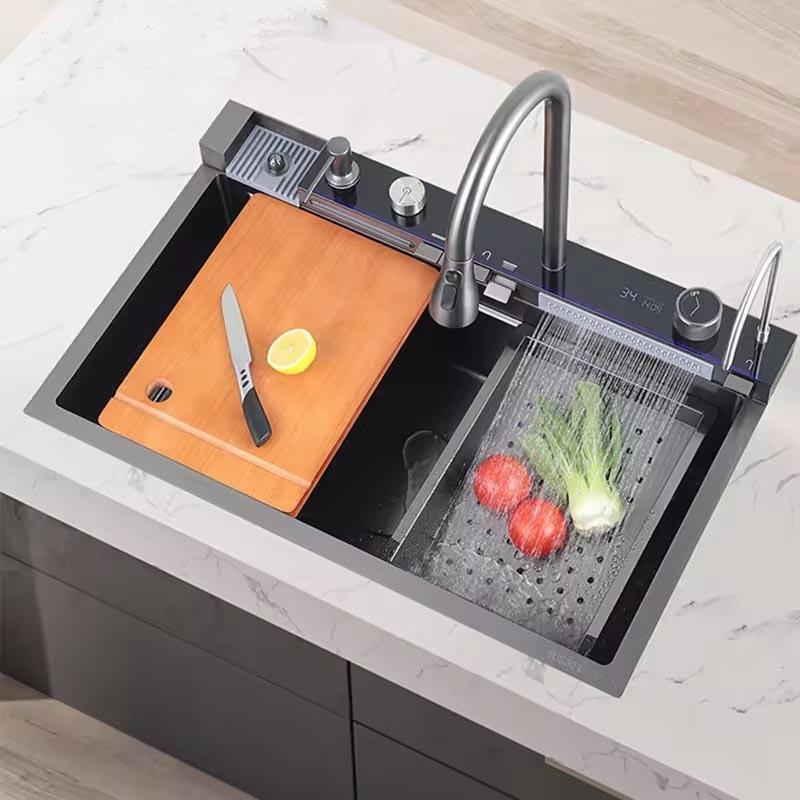 Cm7546c Wash Basin Kitchen Sinks Rainfall Faucet Stainless Steel Sink Single Bowl PVD Nano Black Water Fall Multifunctional Sink Smart with Accessories