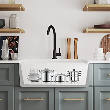 24 Inch Farmhouse Kitchen Sink with Bottom Grid and Strainer, White Single Bowl Kitchen Sink Apron Front Ceramic Farm Sink