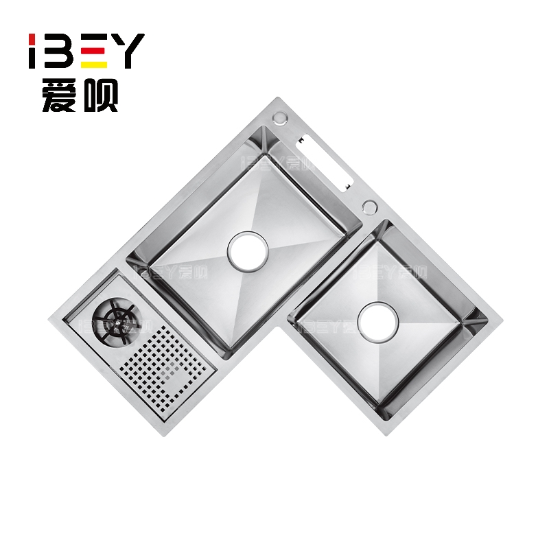Brushed 201 Stainless Steel Handmade Kitchen Sink Corner Double Bowl Sink