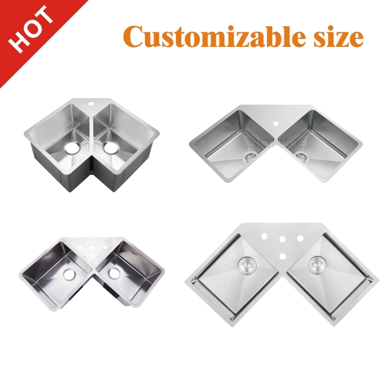 Above Counter Countertop Corner Sink 2 Two Double Bowl Kitchen Basin Cabinet Sink Stainless Steel with Drainboard