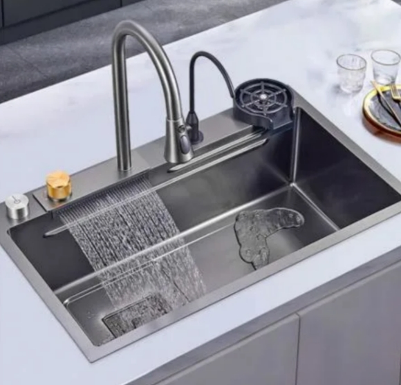 Kitchen Sinks Multifunction Black Waterfall Rainfall Single Bowl Stainless Steel Sink
