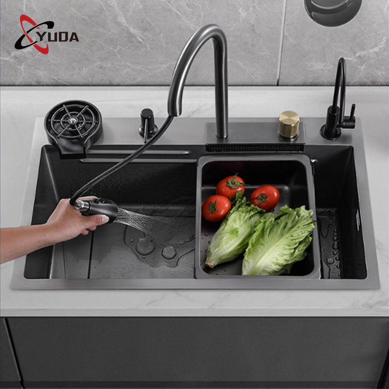 Commercial Modern Stainless Steel Kitchen Sink Single Bowl Black Nano Waterfall Sink